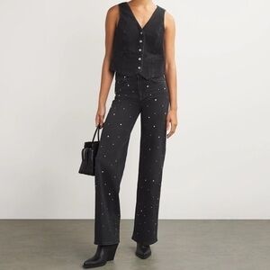 Ohxy Silver Studded Highrise Straight Leg Cropped Cross Over Black Washed Jeans